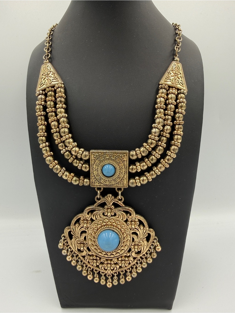 Antique Gold Tone Blue Cabochon Statement Necklace Beaded Boho Bib Pendant